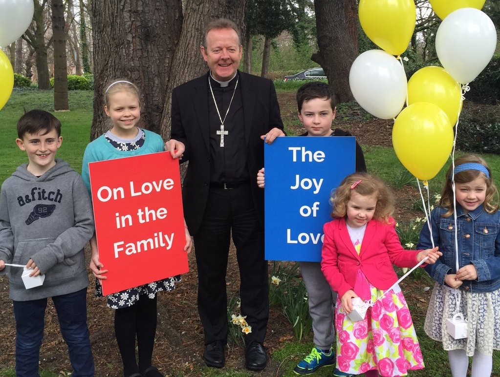 Attending Archbishop's House in Drumcondra, Dublin, to welcome the publication by Pope Francis of his second Apostolic Exhortation Amoris Laetitia (The Joy of Love On Love in the Family) are Tom Long, Helena Kelly, Archbishop Eamon Martin, Cathal Tobin, and Maeve and Tess Liffey.
