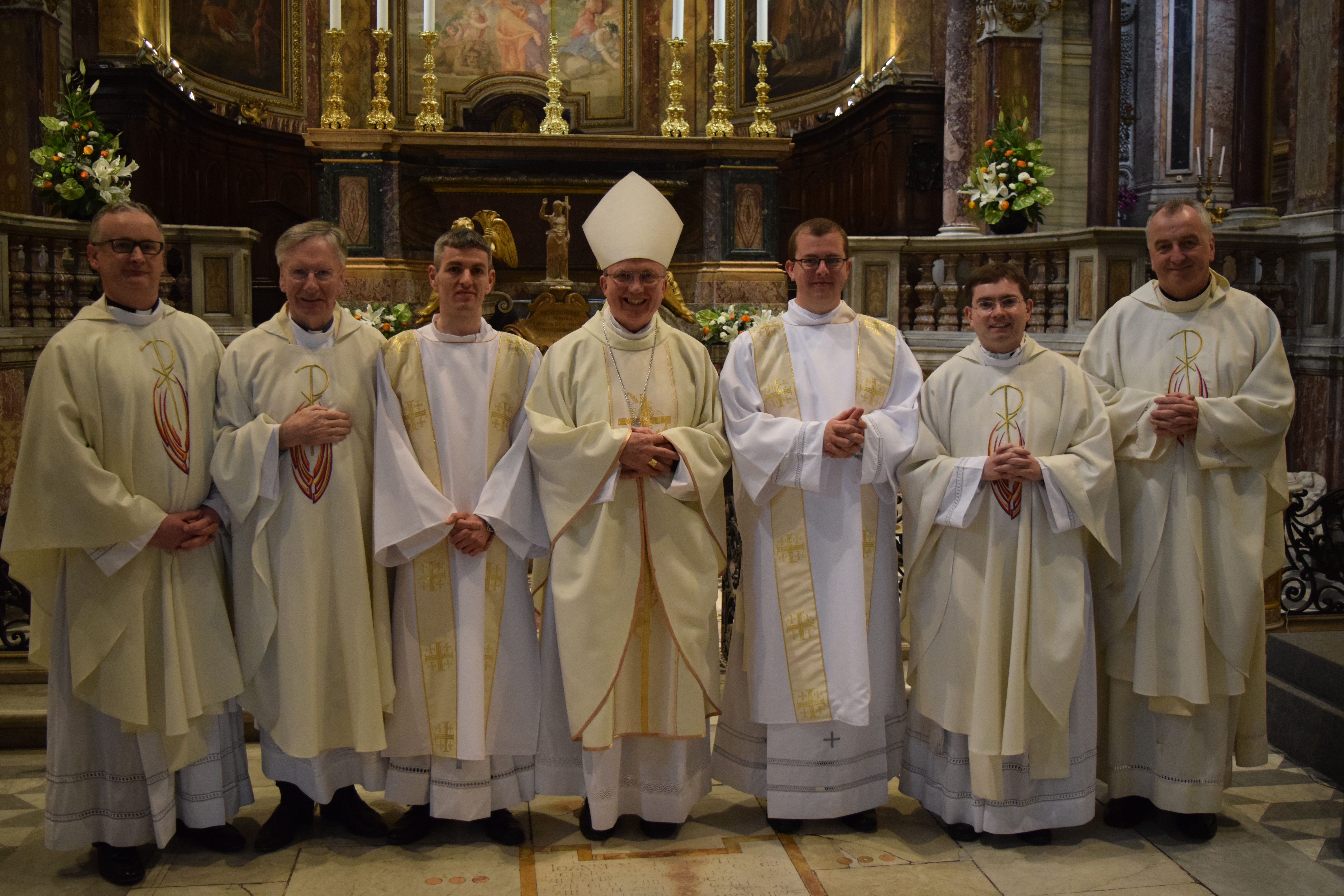 Photo after the ordination shows (left to right): Fr George Hayes (Vice Rector), Fr Thomas Norris (Spiritual Director), Rev. Malachy Gallagher (new Deacon), Bishop Donal McKeown (Bishop of Derry), Rev. Bill O’Shaughnessy (new Deacon), Fr Hugh Clifford (Director of Formation), Mons. Ciarán O’Carroll (Rector).