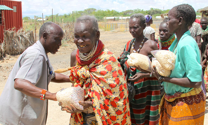 Women receive emergency food at distribution centre funded by Trócaire near the centre of Lodwar town in northern Kenya.