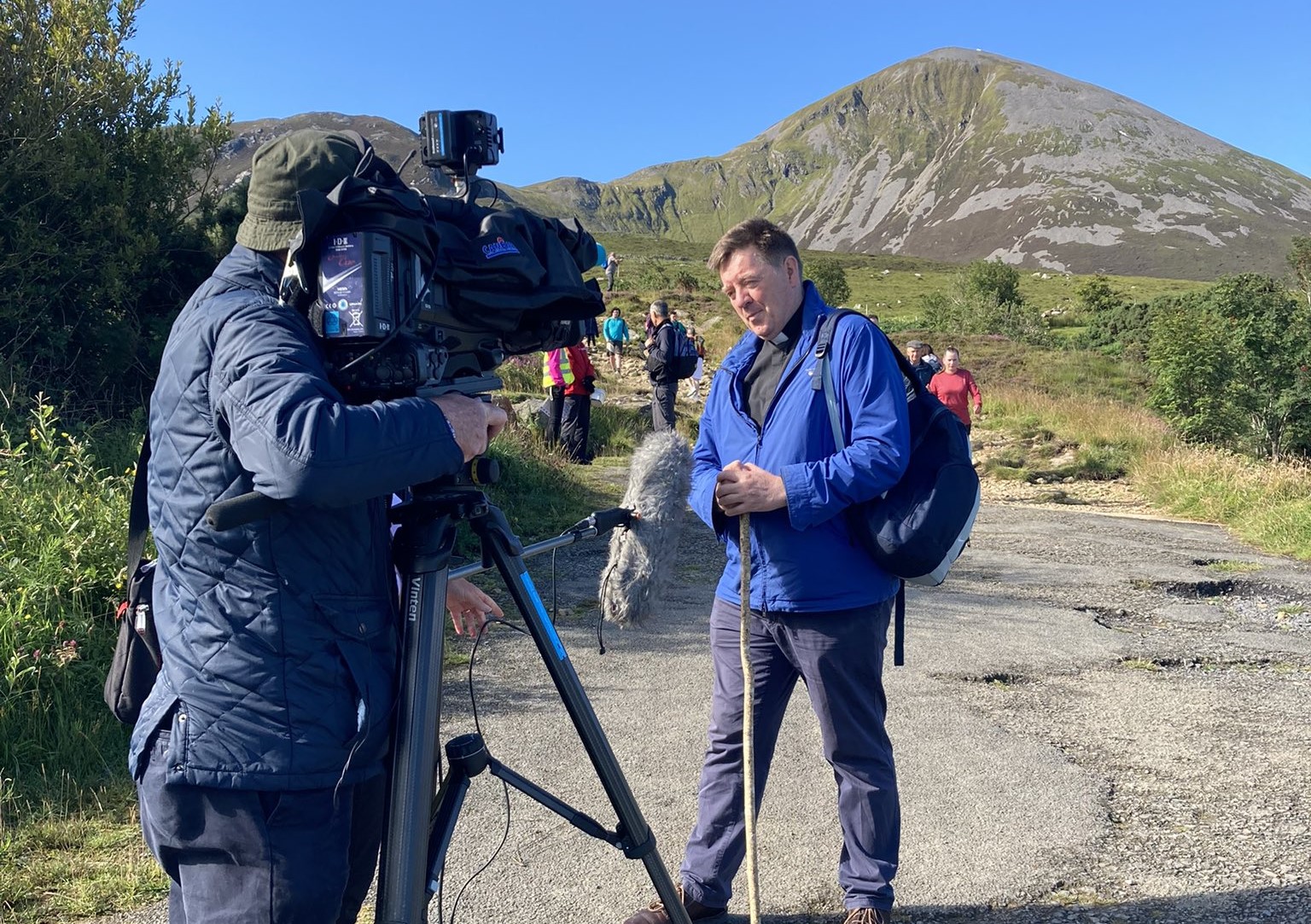 Archbishop Francis Duffy of Tuam being interviewed by RTE ahead of joining pilgrims to climb Croagh Patrick on Reek Sunday 2022.